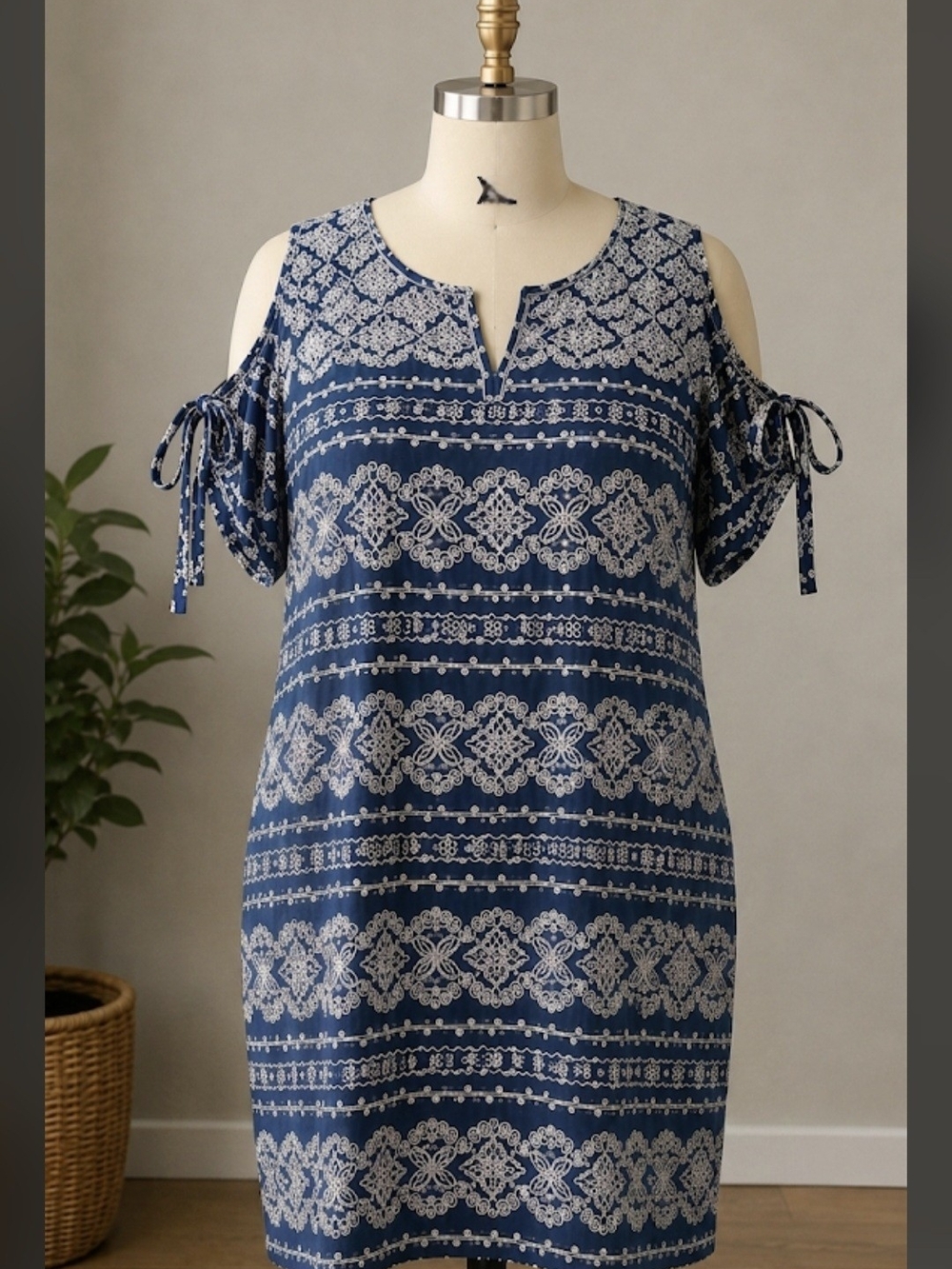 Cold-Shoulder Navy Blue Printed Dress with Tie Sleeves